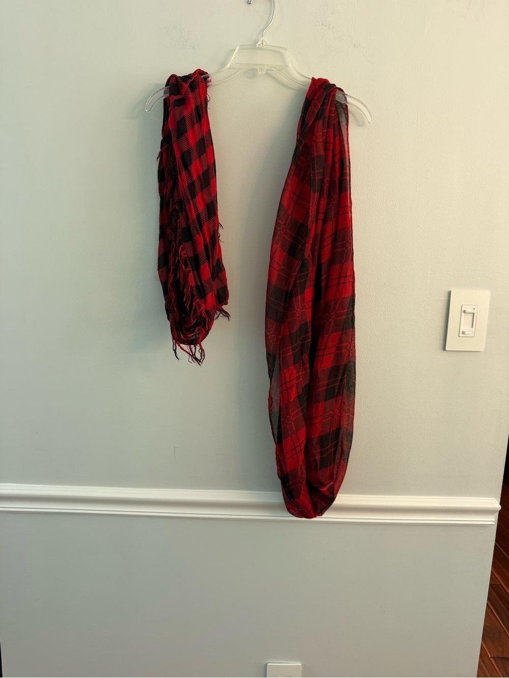 2 Red Plaid Infinity Scarfs - Lightweight Layering Wrap